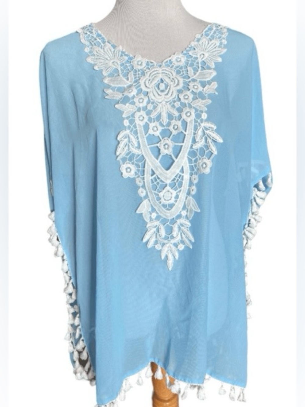 Light blue embroidered tassels sheer poncho cover up Top
